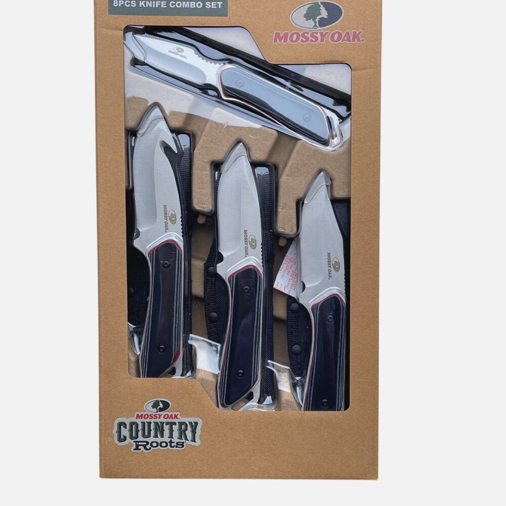 New Mossy Oak 8-Piece Hunting Set with 4 Fixed Knives (7-8.25 Inch) and Sheaths
